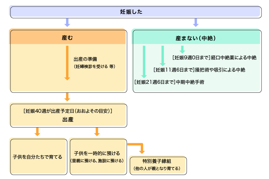 妊娠発覚から産むor産まないの選択のフローチャート