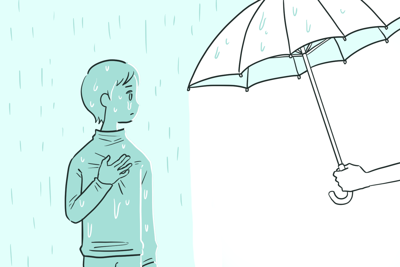 雨に濡れる人物 傘を差し出す手