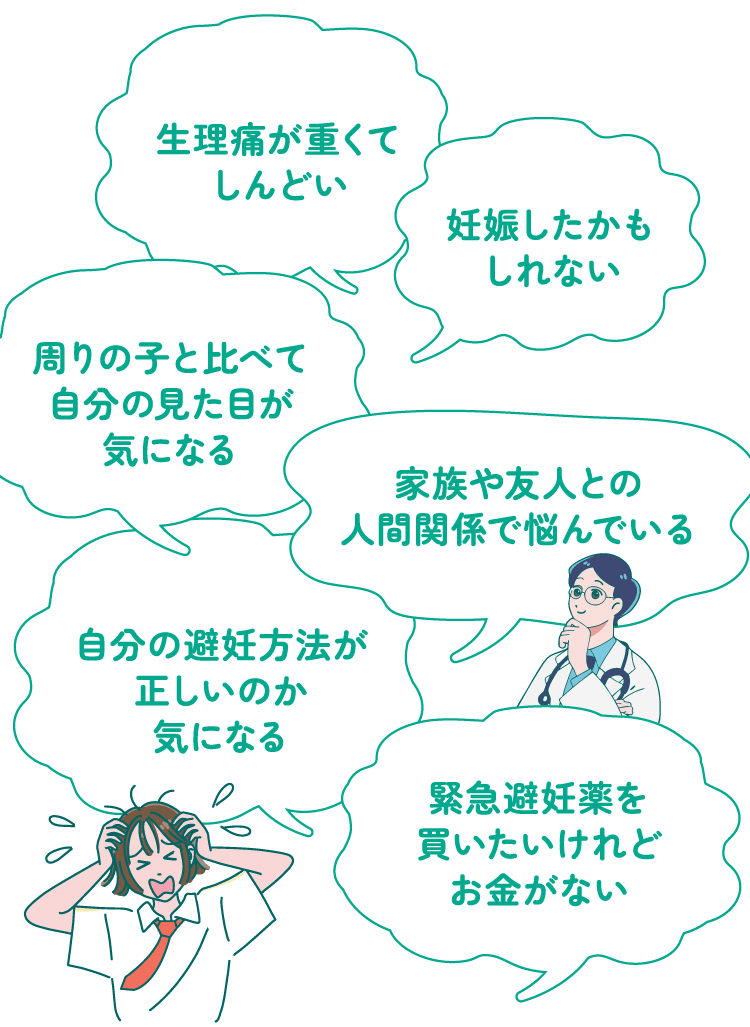 生理痛が重くてしんどい、妊娠したかもしれない、周りの子と比べて自分の見た目が気になる、家族や友人との人間関係で悩んでいる、自分の避妊方法が正しいのか気になる、緊急避妊薬を買いたいけれどお金がない